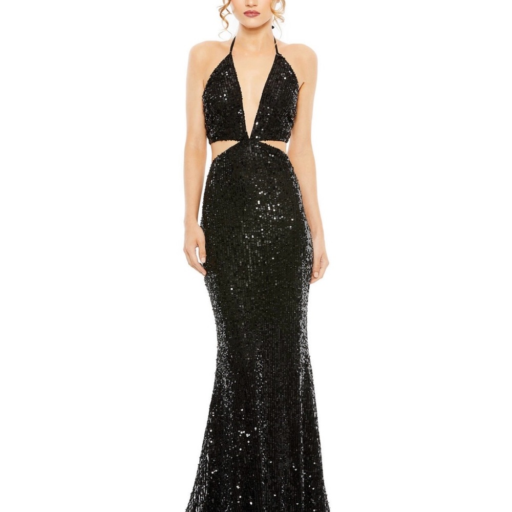 Mac Duggal Black Sequin Backless Halter Evening Gown NWT Size 2